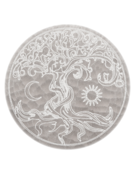 DISQUE SELENITE ARBRE DE VIE SOLEIL/LUNE 14CM