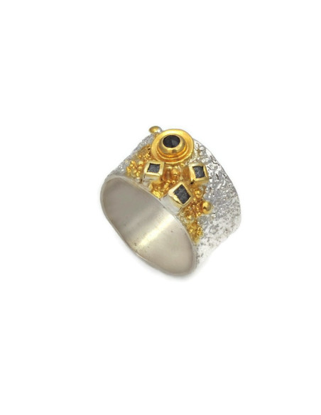 BAGUE DIAMANT NOIR/BRUT T57 ARGENT 925 PL OR 2M