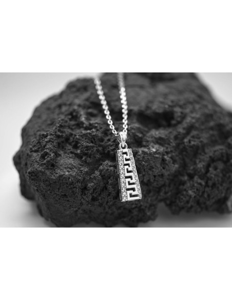 PENDENTIF CLÉ GRECQUE ARGENT 925 RHODIÉ ET OXYDE DE ZIRCONIUM CHAINE EN ACIER 40+5CM
