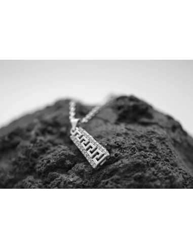 PENDENTIF CLÉ GRECQUE ARGENT 925 RHODIÉ ET OXYDE DE ZIRCONIUM CHAINE EN ACIER 40+5CM