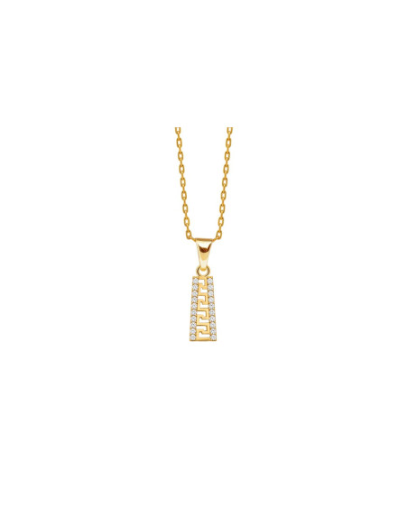 PENDENTIF CLÉ GRECQUE PLAQUÉ OR 18K ET OXYDE DE ZIRCONIUM CHAINE EN ACIER