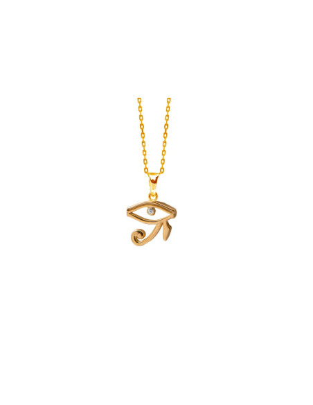 PENDENTIF OEIL D'HORUS EGYPTE PLAQUÉ OR 18 ET OXYDE DE ZIRCONIUM BLANC - CHAINE EN ACIER