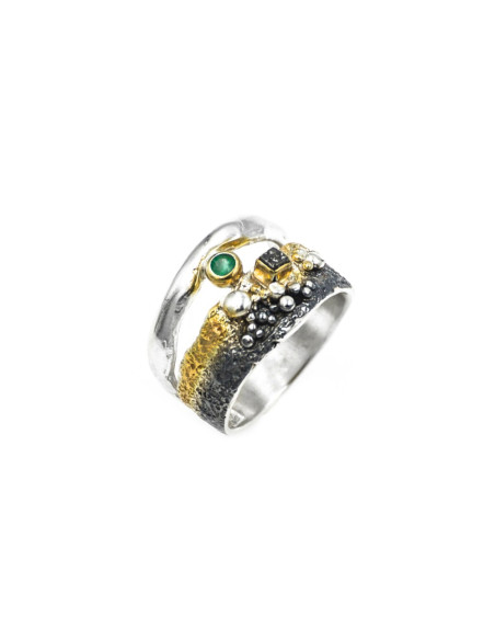 BAGUE EMERAUDE/DIAMANT BRUT T56 ARGENT 925 PL OR 2M
