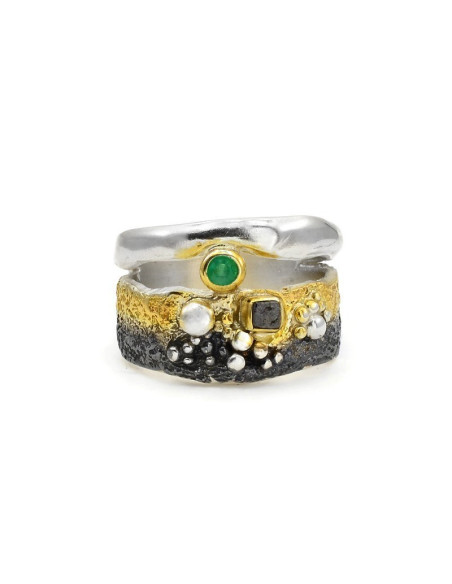 BAGUE EMERAUDE/DIAMANT BRUT T56 ARGENT 925 PL OR 2M