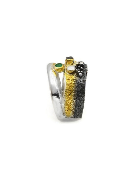 BAGUE EMERAUDE/DIAMANT BRUT T56 ARGENT 925 PL OR 2M