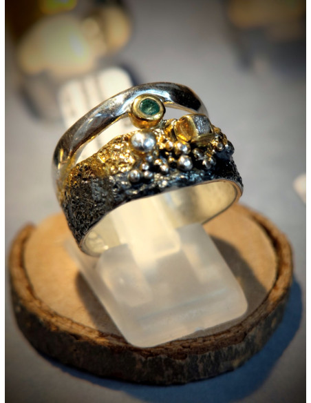 BAGUE EMERAUDE/DIAMANT BRUT T56 ARGENT 925 PL OR 2M