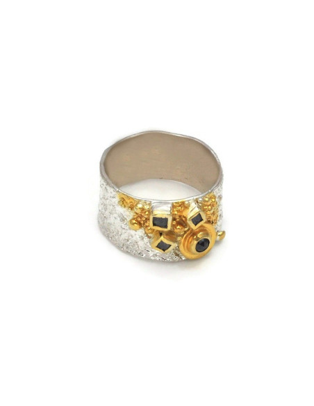 BAGUE DIAMANT NOIR/BRUT T57 ARGENT 925 PL OR 2M