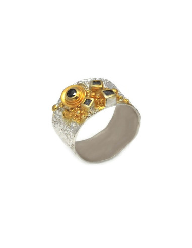BAGUE DIAMANT NOIR/BRUT T57 ARGENT 925 PL OR 2M
