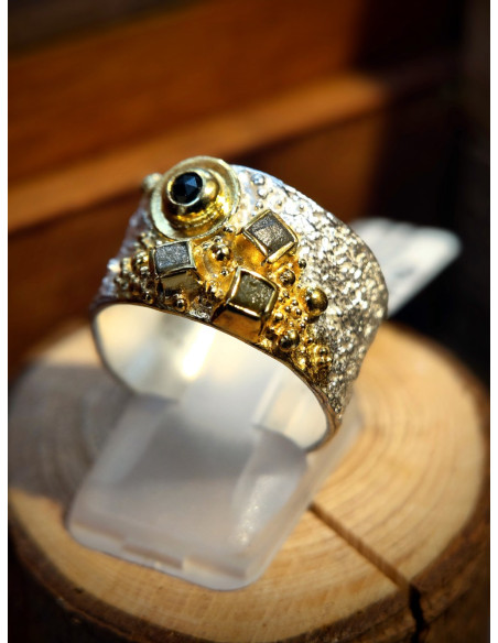 BAGUE DIAMANT NOIR/BRUT T57 ARGENT 925 PL OR 2M
