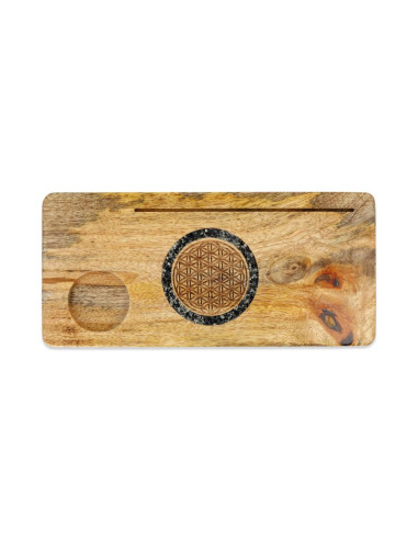 PORTE CARTE FLEUR DE VIE TOURMALINE PYRITE - BOIS DE MANGUIER - 21.5 CM