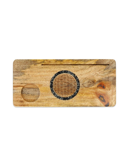 PORTE CARTE FLEUR DE VIE TOURMALINE PYRITE - BOIS DE MANGUIER - 21.5 CM