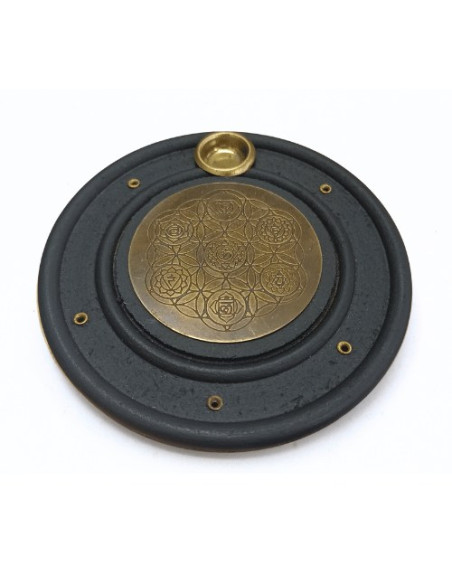 BRÛLEUR D'ENCENS EN BOIS DE MANGUIER 7 CHAKRAS & FLEUR DE VIE 10 CM