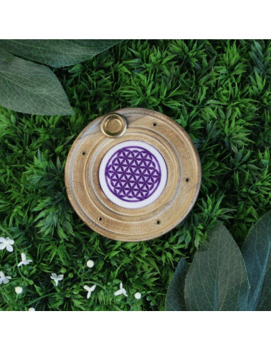 BRÛLEUR D'ENCENS EN BOIS FLEUR DE VIE VIOLETTE 10 CM
