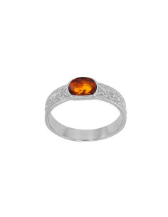 BAGUE  AMBRE COGNAC EN ARGENT 925/1000 RHODIÉ CORPS LARGE CISELÉ