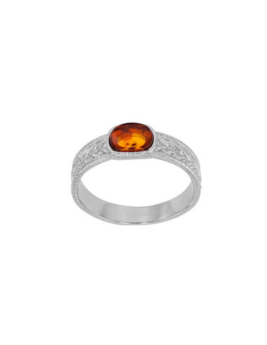 BAGUE  AMBRE COGNAC EN ARGENT 925/1000 RHODIÉ CORPS LARGE CISELÉ