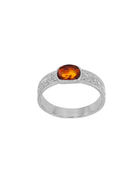 BAGUE  AMBRE COGNAC EN ARGENT 925/1000 RHODIÉ CORPS LARGE CISELÉ