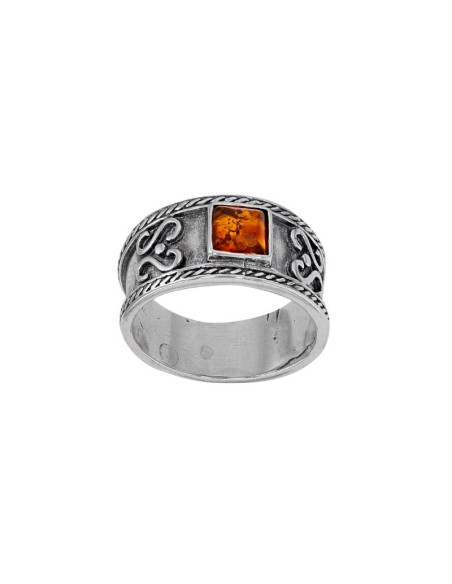 BAGUE ANTIQUE AMBRE COGNAC CARRÉ EN ARGENT 925/1000 VIEILLI