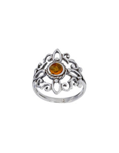 BAGUE AJOURÉE AMBRE COGNAC CENTRAL EN ARGENT 925/1000 VIEILLI