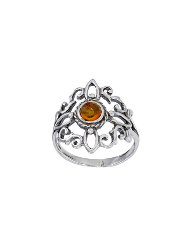 BAGUE AJOURÉE AMBRE COGNAC CENTRAL EN ARGENT 925/1000 VIEILLI