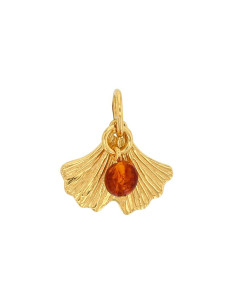 PENDENTIF FEUILLE DE GINKGO AMBRE COGNAC ARGENT 925/1000 DORÉ