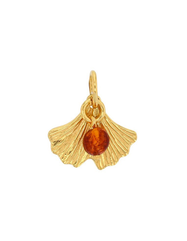 PENDENTIF FEUILLE DE GINKGO AMBRE COGNAC ARGENT 925/1000 DORÉ