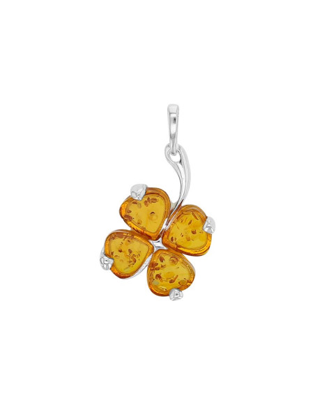 PENDENTIF TRÈFLE AMBRE COGNAC EN ARGENT 925/1000 RHODIÉ