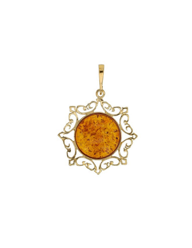 PENDENTIF ROND AMBRE COGNAC EN ARGENT 925/1000 DORÉ ENCERCLÉ DE MOTIF,