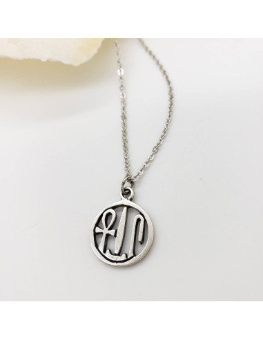 PENDENTIF SANTÉ, VIE & BONHEUR ÉGYPTIEN, LONGUEUR CHAINE 45CM - ETAIN PLAQUE RHODIUM