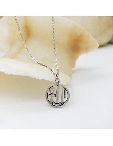 PENDENTIF SANTÉ, VIE & BONHEUR ÉGYPTIEN, LONGUEUR CHAINE 45CM - ETAIN PLAQUE RHODIUM