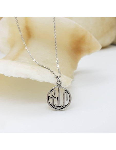 PENDENTIF SANTÉ, VIE & BONHEUR ÉGYPTIEN, LONGUEUR CHAINE 45CM - ETAIN PLAQUE RHODIUM