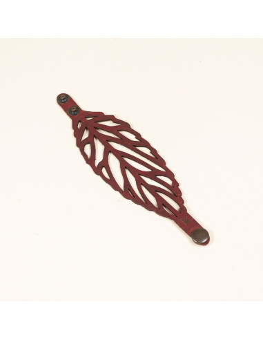 BRACELET CUIR ETHNIQUE FEUILLE ROUGE