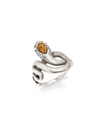 BAGUE SERPENT AVEC AMBRE COGNAC NATUREL GOUTTE, EN ARGENT RHODIÉ 925 - TAILLE 54 MM