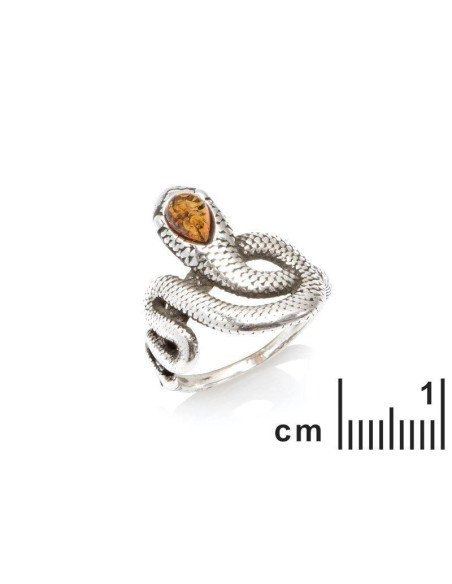 BAGUE SERPENT AVEC AMBRE COGNAC NATUREL GOUTTE, EN ARGENT RHODIÉ 925 - TAILLE 54 MM