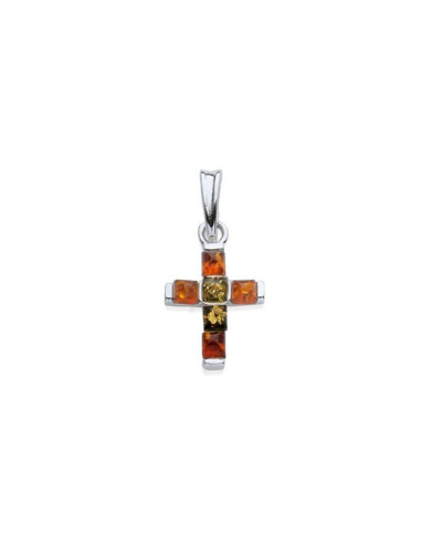 PENDENTIF CROIX AVEC AMBRE MULTICOLORE, EN ARGENT RHODIÉ 925, HAUTEUR 1,7+1 CM