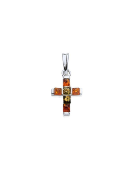 PENDENTIF CROIX AVEC AMBRE MULTICOLORE, EN ARGENT RHODIÉ 925, HAUTEUR 1,7+1 CM