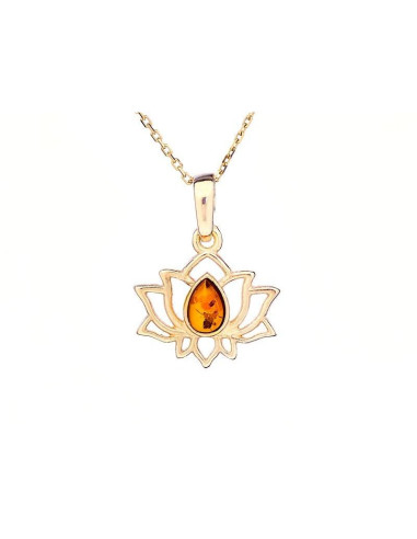 PENDENTIF LOTUS AVEC AMBRE COGNAC NATUREL GOUTTE, EN ARGENT DORÉ 925