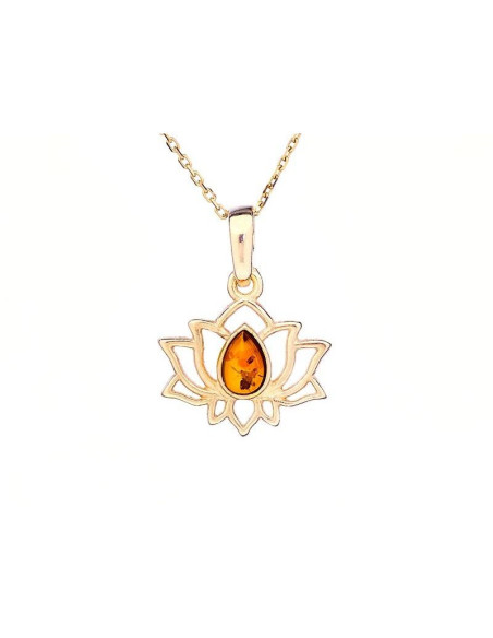 PENDENTIF LOTUS AVEC AMBRE COGNAC NATUREL GOUTTE, EN ARGENT DORÉ 925