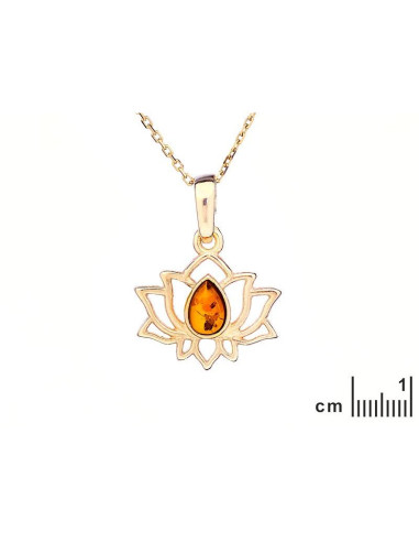 PENDENTIF LOTUS AVEC AMBRE COGNAC NATUREL GOUTTE, EN ARGENT DORÉ 925