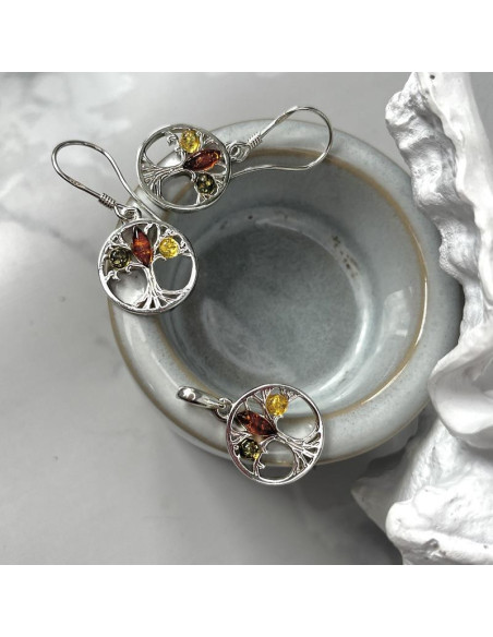 PENDENTIF ARBRE DE VIE AVEC AMBRE, ARGENT RHODIÉ 925, DIAMÈTRE 1,5+0,8 CM
