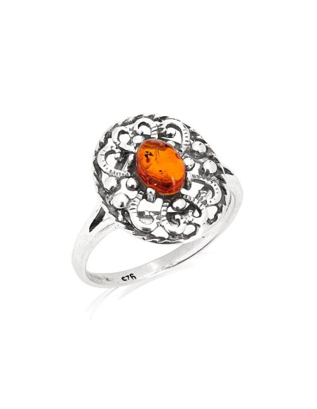 BAGUE AVEC AMBRE COGNAC NATUREL DE LA MER BALTIQUE OVALE, EN ARGENT VIEILLI 925 - TAILLE 56 MM