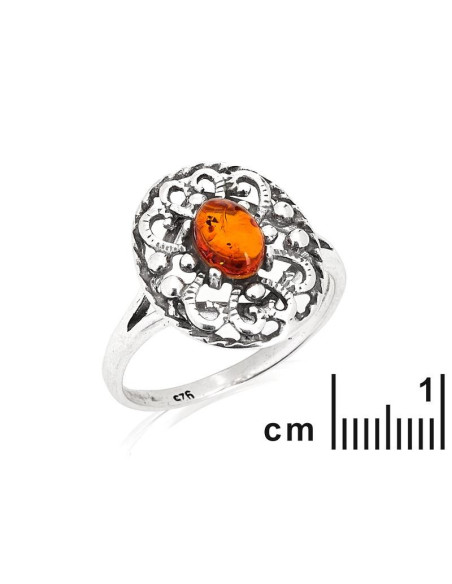 BAGUE AVEC AMBRE COGNAC NATUREL DE LA MER BALTIQUE OVALE, EN ARGENT VIEILLI 925 - TAILLE 56 MM