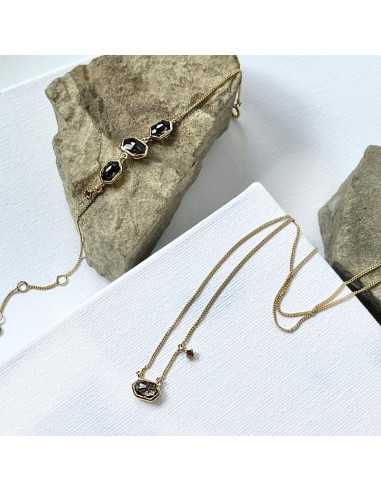 COLLIER AVEC QUARTZ FUMÉ ET GRENAT, EN ARGENT DORÉ 925, LONGUEUR 42 + 3 CM