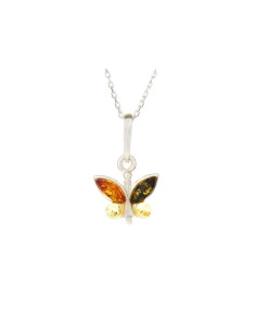 PENDENTIF PAPILLON AVEC AMBRE MULTICOLORE, EN ARGENT RHODIÉ 925, HAUTEUR 1+1 CM