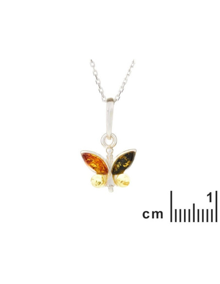 PENDENTIF PAPILLON AVEC AMBRE MULTICOLORE, EN ARGENT RHODIÉ 925, HAUTEUR 1+1 CM
