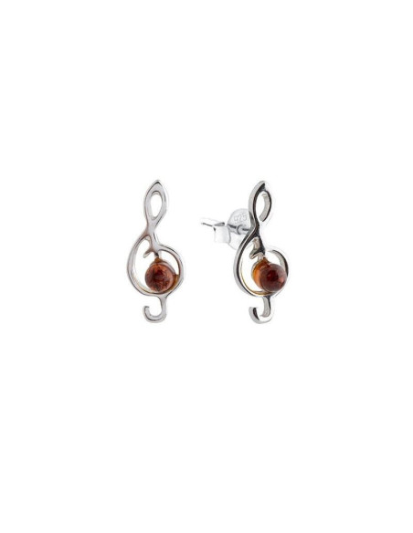 CLOUS D'OREILLES AVEC AMBRE COGNAC NATUREL, EN ARGENT RHODIÉ 925