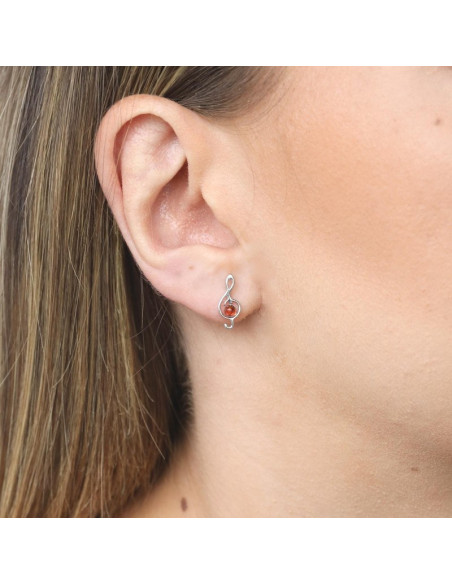 CLOUS D'OREILLES AVEC AMBRE COGNAC NATUREL, EN ARGENT RHODIÉ 925
