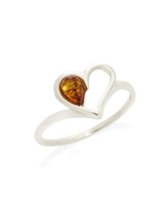 BAGUE COEUR AVEC AMBRE COGNAC NATUREL GOUTTE, EN ARGENT RHODIÉ 925 - TAILLE 56 MM