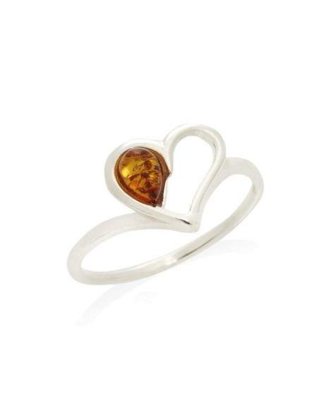 BAGUE COEUR AVEC AMBRE COGNAC NATUREL GOUTTE, EN ARGENT RHODIÉ 925 - TAILLE 56 MM