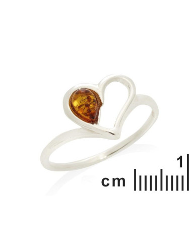 BAGUE COEUR AVEC AMBRE COGNAC NATUREL GOUTTE, EN ARGENT RHODIÉ 925 - TAILLE 56 MM