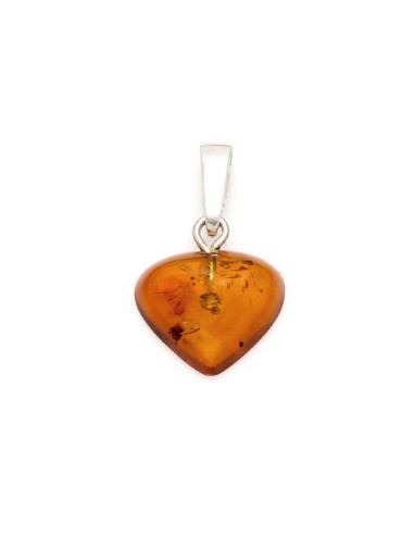 PENDENTIF COEUR AVEC AMBRE COGNAC NATUREL, EN ARGENT RHODIÉ 925, HAUTEUR 1+0,8 CM